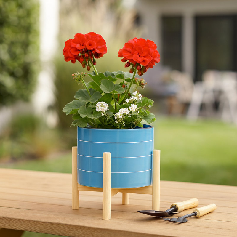 Glossy Ceramic Outdoor Planter on Stand for Indoor Home Decor - Modern Contemporary Flower Pot for Living Room or Patio - Sky Blue