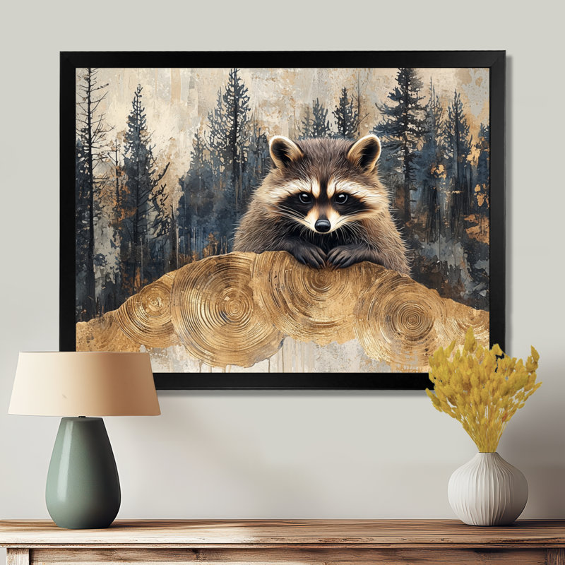 Cute Raccoon In The Winter Forest II - Animals Canvas Wall Decor, Black Single Picture Framed, 24" H x 32" W