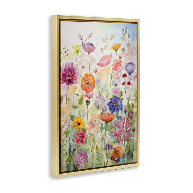 Toile flottante encadrée «Bright Floral Garden» par Roozbeh Bahramali, H 25 po x l 17 po, Cadre flottant métallique doré