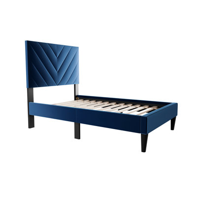 Navy Blue Twin Velvet Bed With 12 Base - Adjustable For Customized Sleep In Support Headboard Optimal Rest