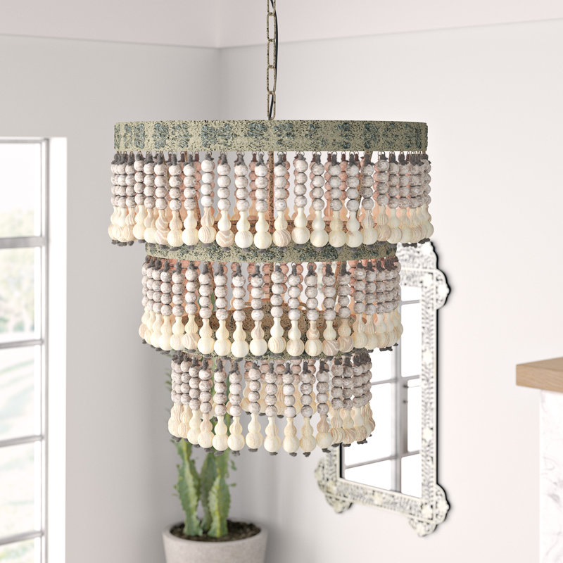 3-Tier Wood Bead Chandelier, White