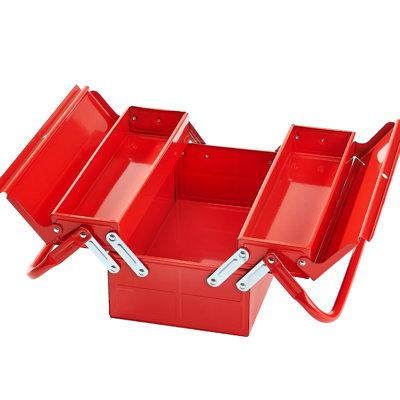 Red Folding Cantilever 14 - Inch 2 Tier 3 Tray Toolbox With Dual Handles | Maximum Load Capacity 8.8 Lbs Lock Hole For Security Smooth Opening And Closing Ideal On Go Use Handle Provide Space