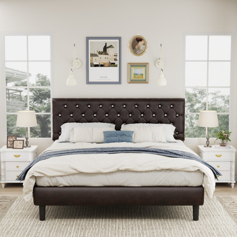 Mandipa Faux Leather Upholstered Bed with Diamond Tufted Headboard, Full, Brown