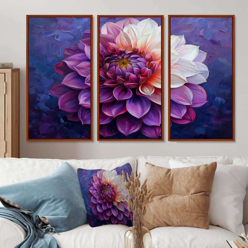 «Mauve Regal Bloom», impression d'art mural Dahlia, Toile avec cadre flottant brun, H 40 po x l 60 po x P 1 po