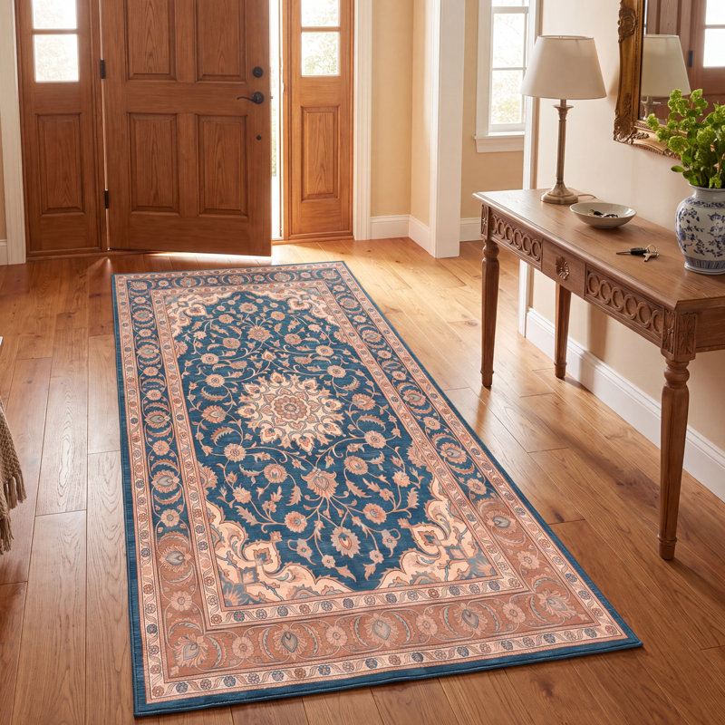 Tapis Granite2 traditionnel à médaillon délavé, style persan, bleu sarcelle, or et crème, lavable à la machine, antidérapant, à poils courts, pour l'intérieur et l'extérieur, adapté aux animaux domestiques, idéal pour le salon, la chambre, la salle à manger, l'entrée, le couloir ou le bureau.