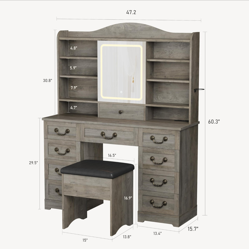 Coiffeuse de 120 cm avec miroir, éclairage, prise électrique, 10 tiroirs, étagères de rangement et tabouret, pour chambre à coucher