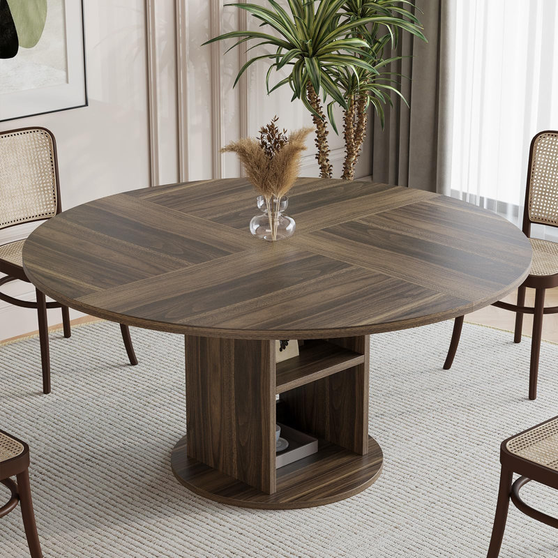 Table de salle à manger ronde pour 4-6 personnes, table de cuisine en bois avec tablette de rangement à 2 niveaux et base circulaire robuste, brun