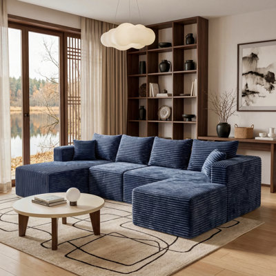 118" Modular Sectional Compression Sofa, U-Shaped Modern Flannel Couch Set, 4 Pcs Contemporary Deep Seat Upholstered Couches Living Room Sectional wit