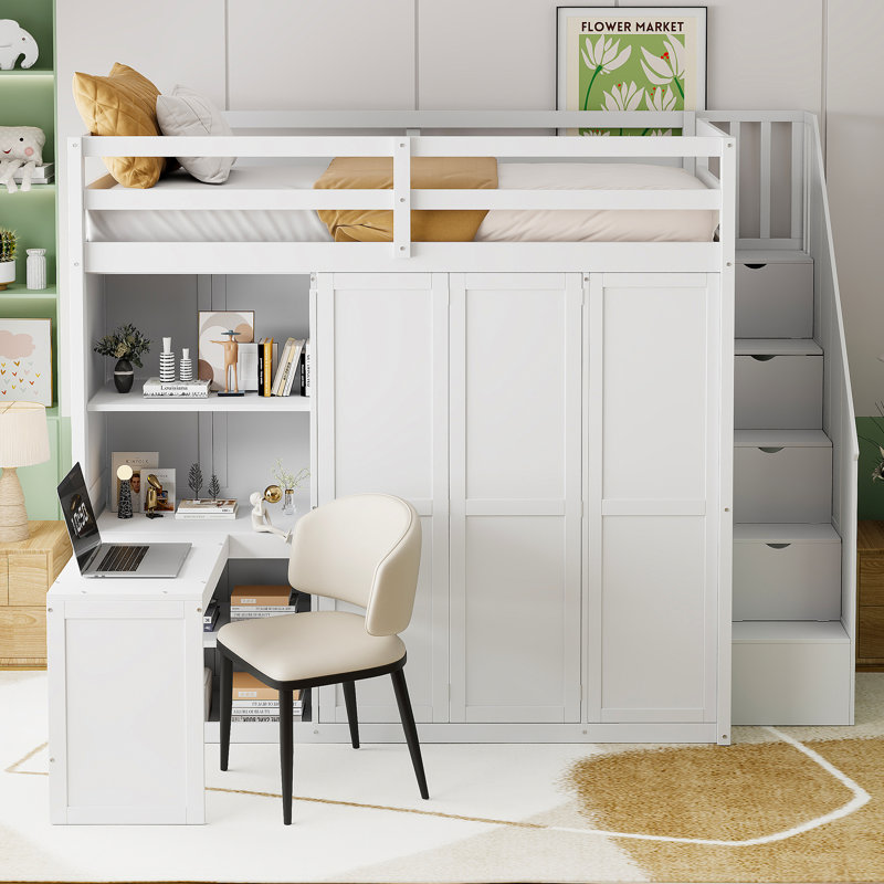 Lit mezzanine double avec armoire, bureau et tablettes, blanc, Blanc