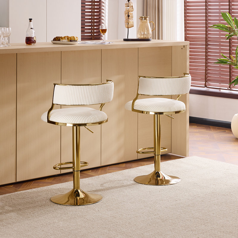 Beige 2pcs Bar Stools with Thick Corduroy Seat Electroplated Gold Trumpet Disk Base and Swivel Function, Cream