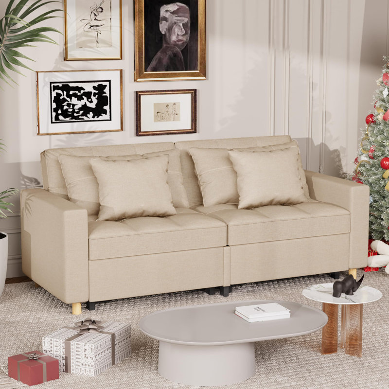 Borchert 179Cm Linen Square Arm Sofa Bed, Beige Linen