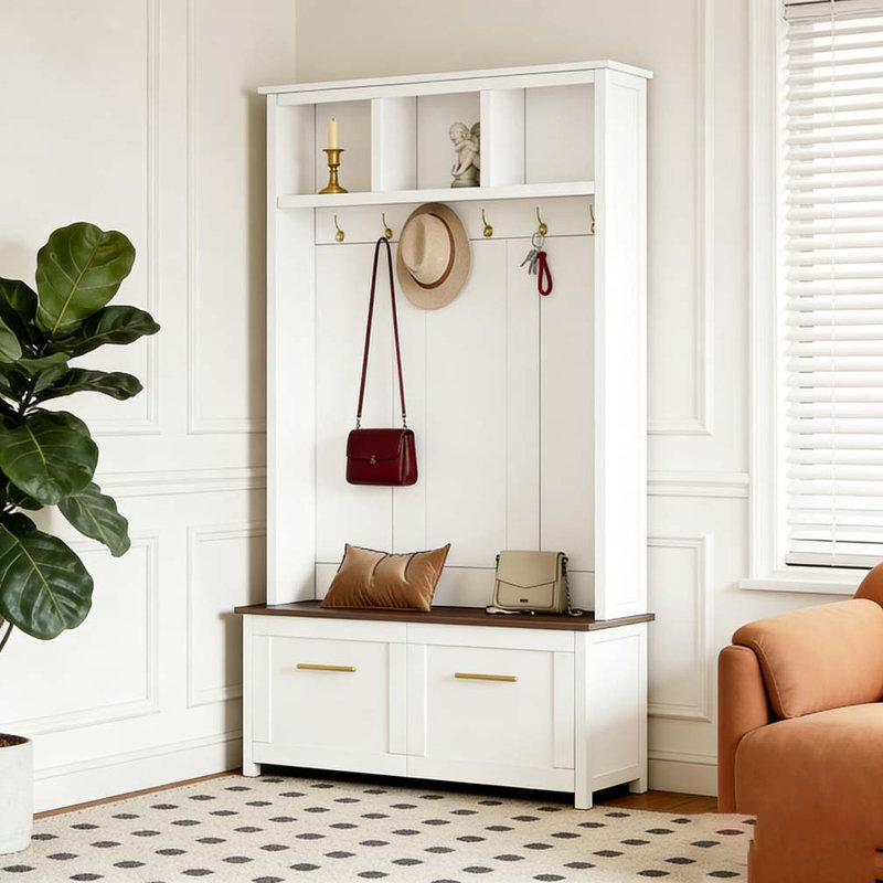 4-in-1 Hall Tree with 6 Golden Hooks, Wood Grain Bench with Multiple Storage Space, White