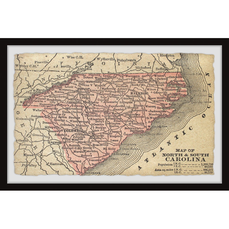 North and South Carolina - Reproduction d'art graphique sur papier encadré, H 20 po x l 30 po x 1,5 po