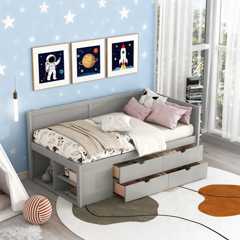 Lit de jour simple avec tiroirs et tablettes, gris