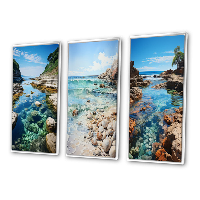«Beach Photo Tranquil Tidepools», 3 pièces, Cadre blanc, H 20 po x l 36 po