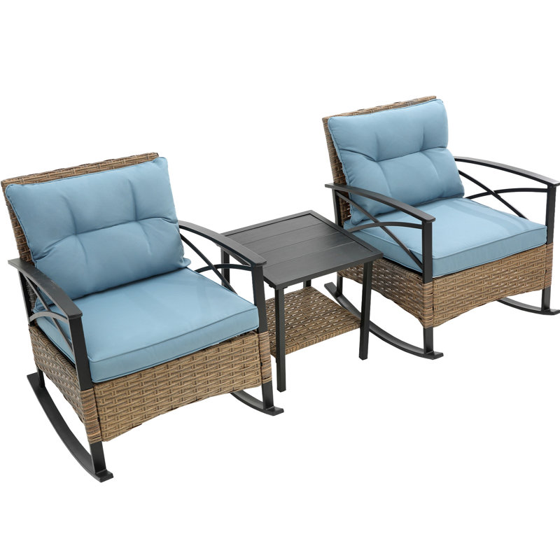 Blue Outdoor Rocking Chairs And Table - Construction, Easy Mobility 3Pcs Chair With Tabletop Color, Weave, Blue