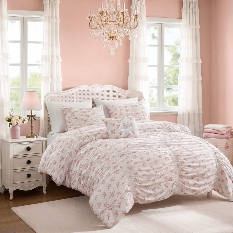Pink Printed Comforter Set with Lace Ruching – Twin/Twin XL, 3-Piece