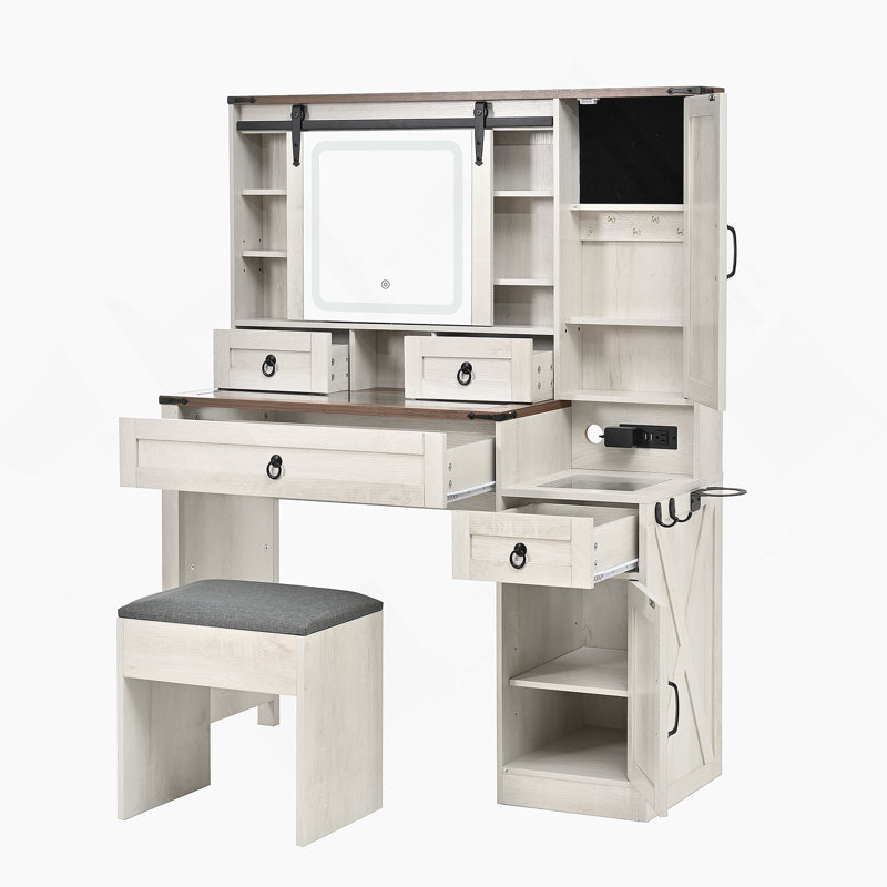 Farmhouse Vanity Desk With Sliding Mirror And Lights, Glass Top, Charging Station, 4 Drawers, 2 Cabinets, And Stool For Elegant Bedroom Decor