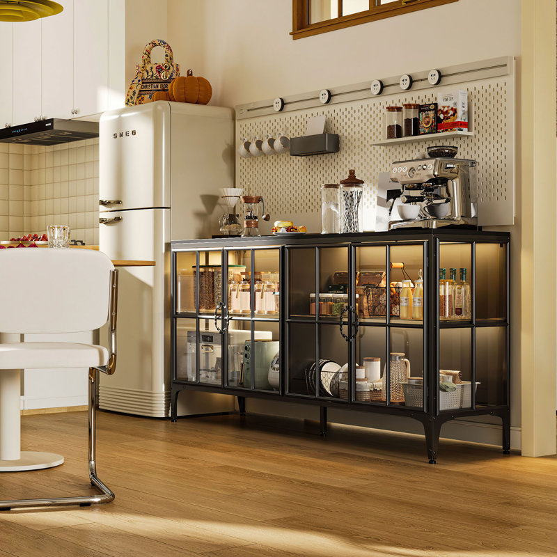 63'' Black China Cabinet With Glass Doors And Shelves, MDF & Metal Frame, Tri-Color LED Lighting