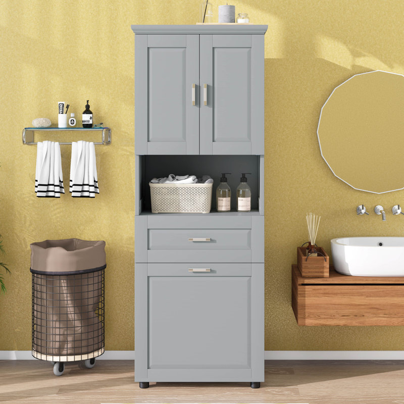 Grande armoire de salle de bain avec panier à linge inclinable et rangement supérieur, armoire de rangement avec deux portes, tablette réglable et tiroir