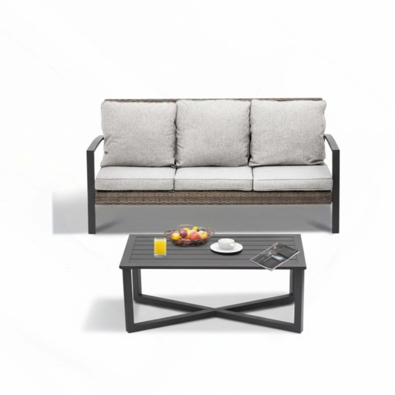 2-Piece Wicker Patio Conversation Set With Gray Cushions & Coffee Table