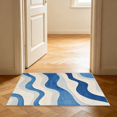 Blue Beige Wavy Stripes   area rugs for Living Room, Soft and Comfortable, Suitable for all seasons, easy to maintain, machine washable Indoor floor mat, Under Table Farmhouse suitable for Bedroom, Dining Room, Study,  Balcony, Home Decor Patio