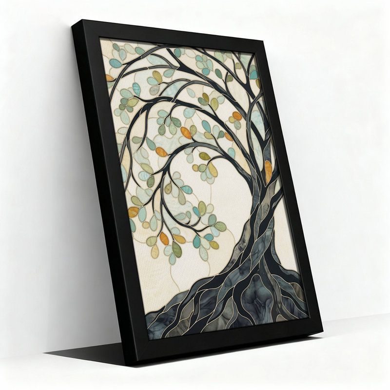 Tableau mural sur toile représentant un arbre de style vitrail aux feuilles turquoise et vertes, H 18 po x l 12 po