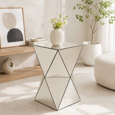 Champagne Mirrored Geometric Side Table, Modern Luxe Accent End Table, Reflective Mirror Decorative Nightstand for Living Room, Bedroom, Sofa Side