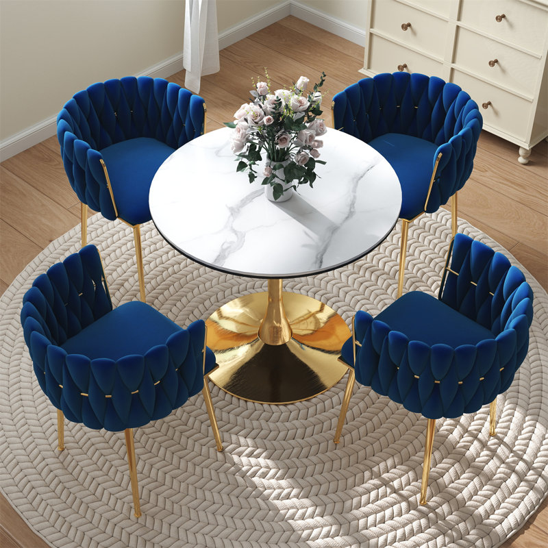 Ensemble de salle à manger à piédestal rond avec chaise tissée, 5, Bleu
