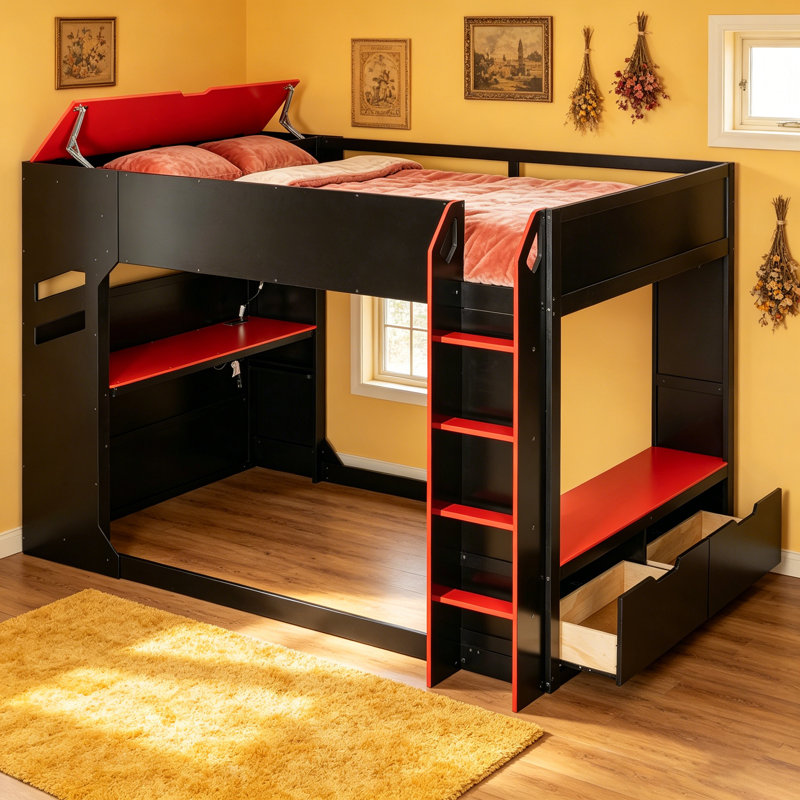 Lit mezzanine en bois pleine grandeur avec bureau réglable, rangement et lumières RVB pour les adolescents et les adultes, conception peu encombrante