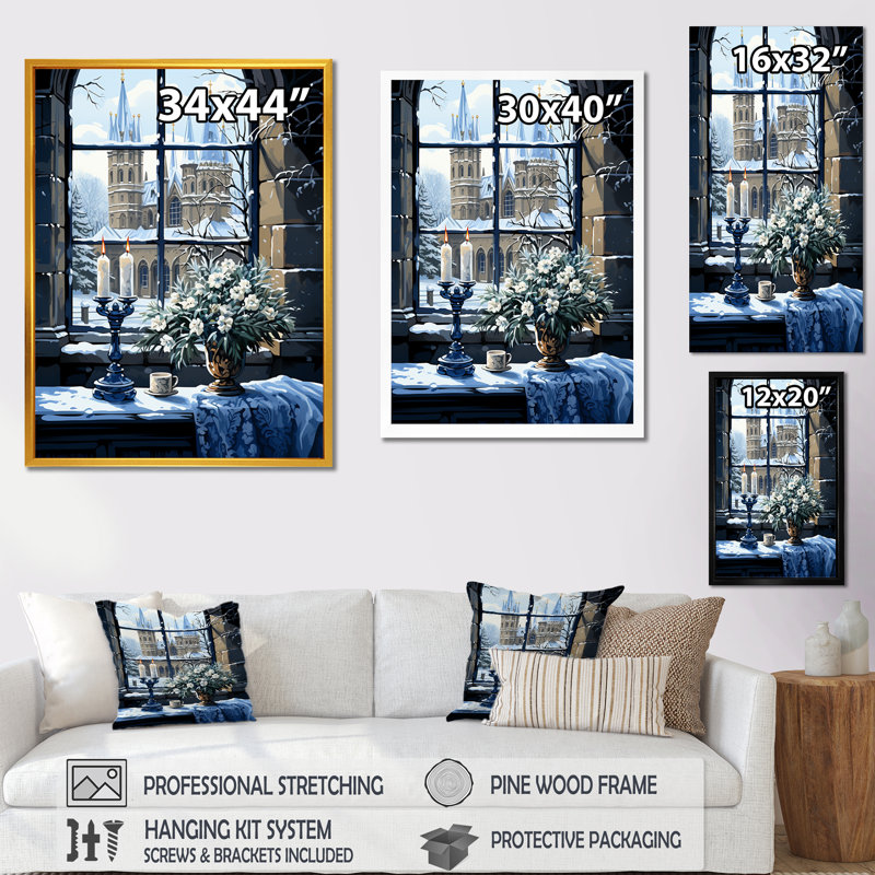 Christmast Winter Landscape Window - Art mural paysage d'hiver, Cadre flottant noir, H 20 po x l 12 po x P 1 po