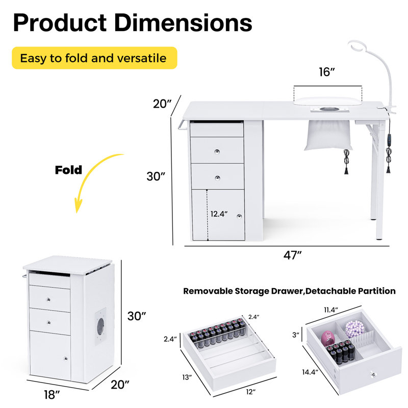 Foldable Manicure Table with Wrist Cushion and Dust Collector Portable Nail Desk Station for Home and Professional Use, White