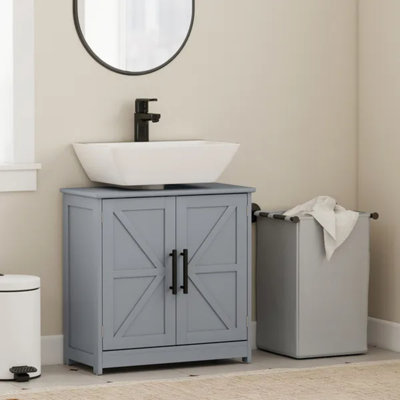 Armoire de rangement à piédestal Farmhouse, armoire de salle de bain avec 2 portes de grange et tablette réglable, gris foncé