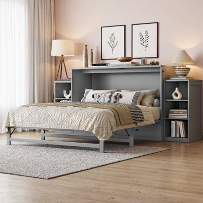 Queen Murphy Bed with Spacious Storage Drawers & Shelves, Space-Saving Wall Bed Cabinet for Guest Room, Home Office, or Small Apartment, Minimalist Design, No Box Spring Needed