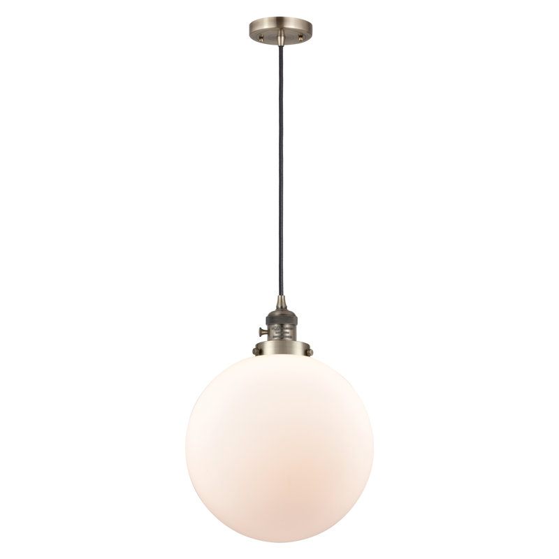 Luminaire suspendu à globe unique à 1 lumière, Laiton antique, Blanc mat