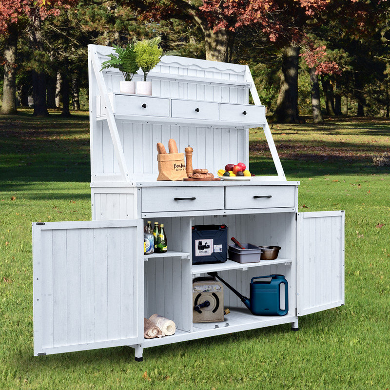Banc de rempotage extérieur blanc 64,5 "avec armoire de rangement et 3 tiroirs - Poste de travail bas en bois avec tablette amovible
