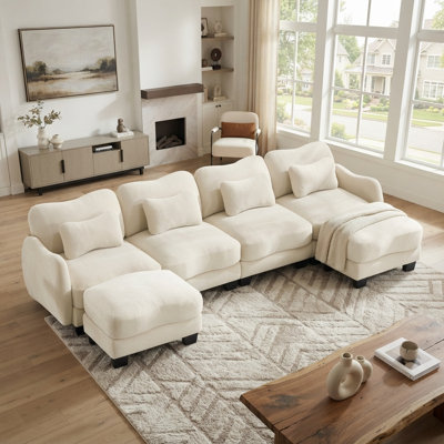 Canapé d'angle en chenille de 334 cm (131,5 po) en forme de U avec 2 poufs et 4 coussins lombaires, couleur crème ivoire