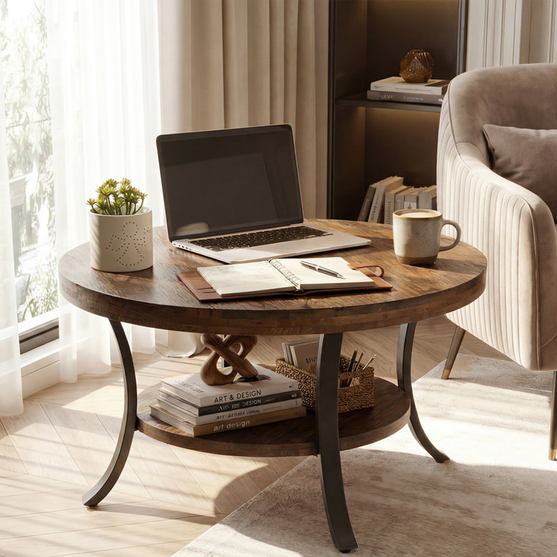 2 Tier Round Solid Wood Coffee Table With Storage, Rustic Brown