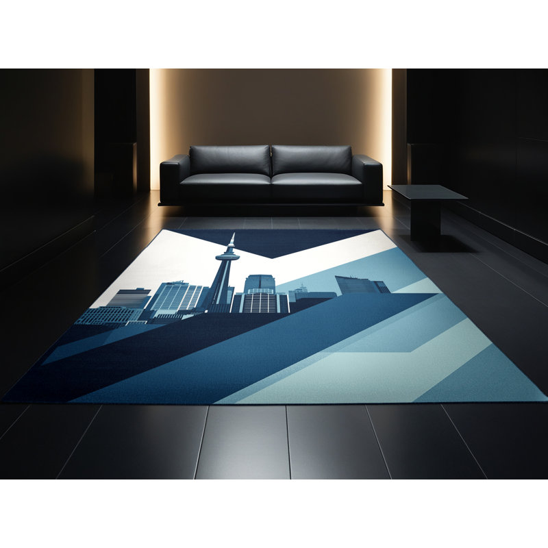 Soft Plush Rodolfo Auckland Skyline Modern & Contemporary Geometric Area Rug in Blue – Navy Binding, 5x8