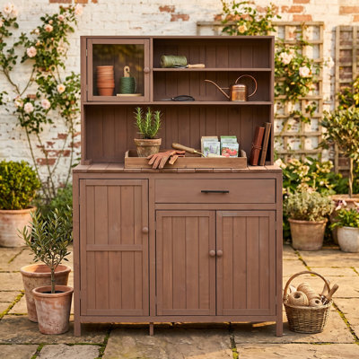 65"H X 44.6"W X 19.5"D Potting Bench With Hutch & Transparent Door, Solid Wood Garden Workstation With 2-Tier Inner Spice Rack