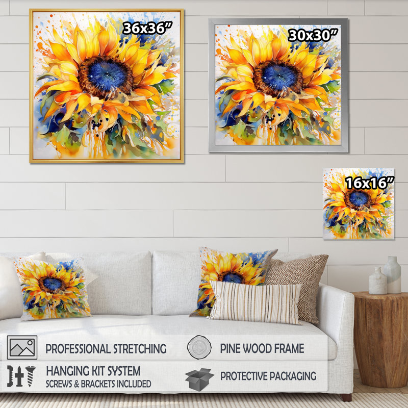 Jaune, bleu, doré, tournesols joyeux - art mural floral, H 36 po x l 36 po, Sans cadre, Toile tendue