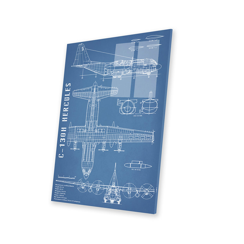 Plan d'avion C-130 Hercules - Portrait imprimé sur verre acrylique, H 24 po x l 16 po x P 0,25 po