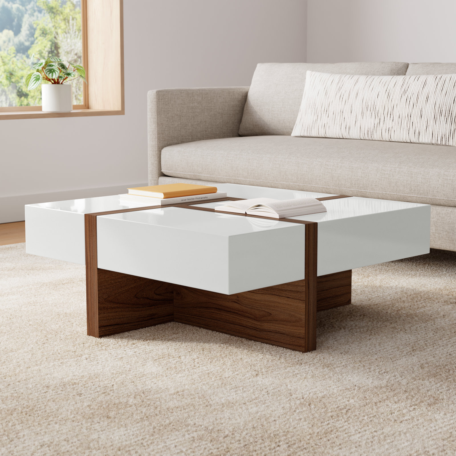 Elka 39" Coffee Table with Storage, White/Walnut