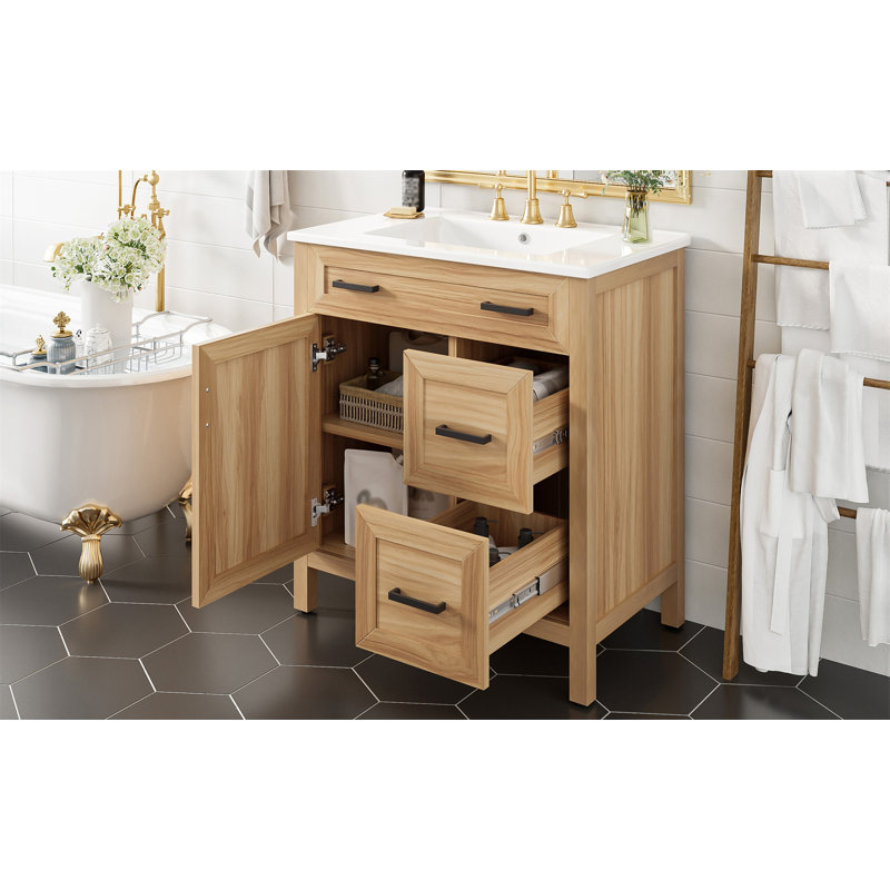 Meuble-lavabo de 30 po en bois avec cadre en bois massif, 1 porte à fermeture douce, 2 tiroirs à fermeture douce, tablette réglable, armoire de rangement moderne
