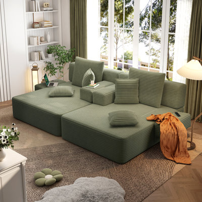 Ensemble 2 pièces surdimensionné de méridienne double, luxueux canapé convertible en velours côtelé moelleux avec 6 coussins et pochette de rangement, pour petits espaces, cinéma maison, salon, vert