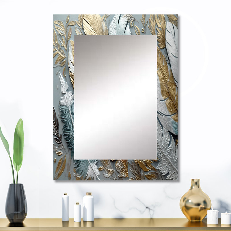 Plumes dorées dorées - grand miroir en plumes glamour, miroir mural décoratif doré, impression d'art en métal, 32 po x 24 po