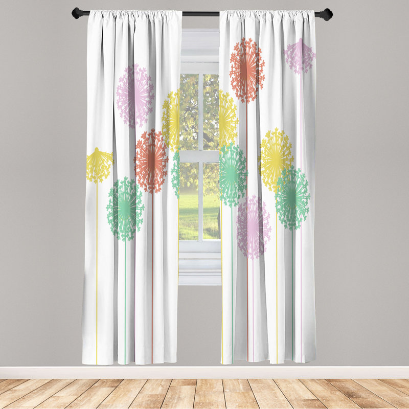 Microfiber Floral Semi-Sheer Rod Pocket Curtain Panels, 28" W x 63" L, White/Green/Yellow