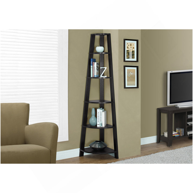 Bibliothèque, bibliothèque, étagère, d'angle, 5 niveaux, H 72 po, bureau, chambre à coucher, stratifié brun, contemporain, moderne