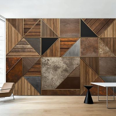 Peel and Stick Wallpaper Geometric Patchwork Wood Stone Earth Tones Wall Murals 100"H x 144"W Removable PVC Wall Paper Self-Adhesive Wall Decor for Bedroom Living Room Home Office