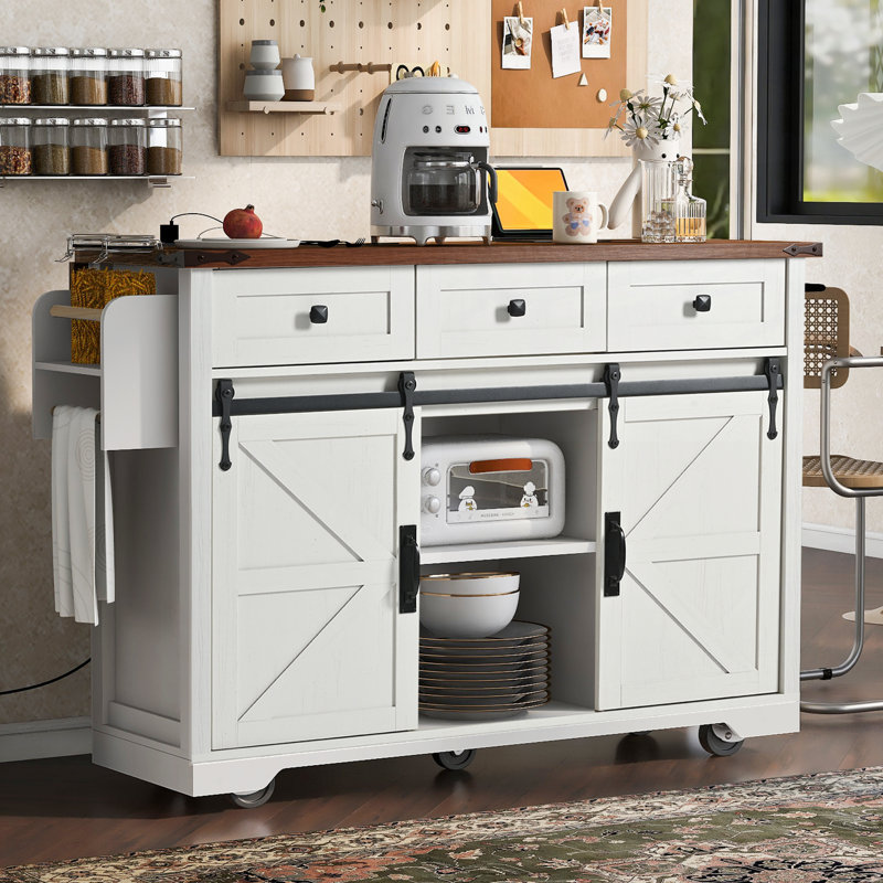 Farmhouse Kitchen Island With Power Outlet, Sliding Barn Doors, And Drop Leaf For Enhanced Storage And Functionality, White